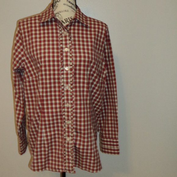 Land's End Womens 14 Plaid Blouse Top Shirt Long Sleeve Ruffled Cotton Red Green - Picture 1 of 11
